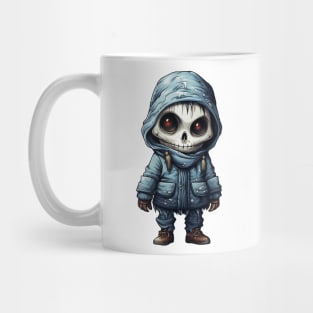 The figure of a ghoulish skull girl in a mask, wearing a cloak, perfect for Halloween, covered with snow ! Mug